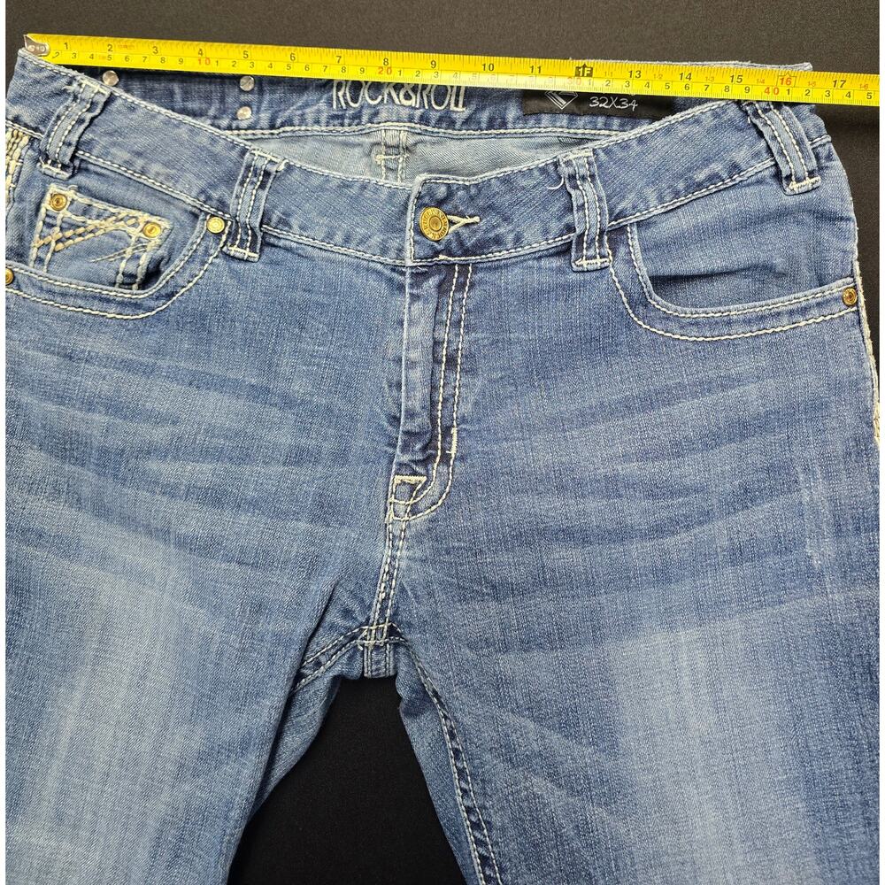 Rock & Roll Cowgirl Boyfriend Jeans Womens 32x34 Blue Stretch Distressed Denim - Picture 12 of 12
